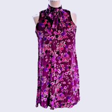 Calvin Klein Retro Ditsy Floral Dress Sleeveless Tie Neck Purple Mini Size 2 New