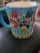 Turkey Tableworks Mug, Handpainted Mug, Funky Floral Mug, 3D Relief Mug, EUC