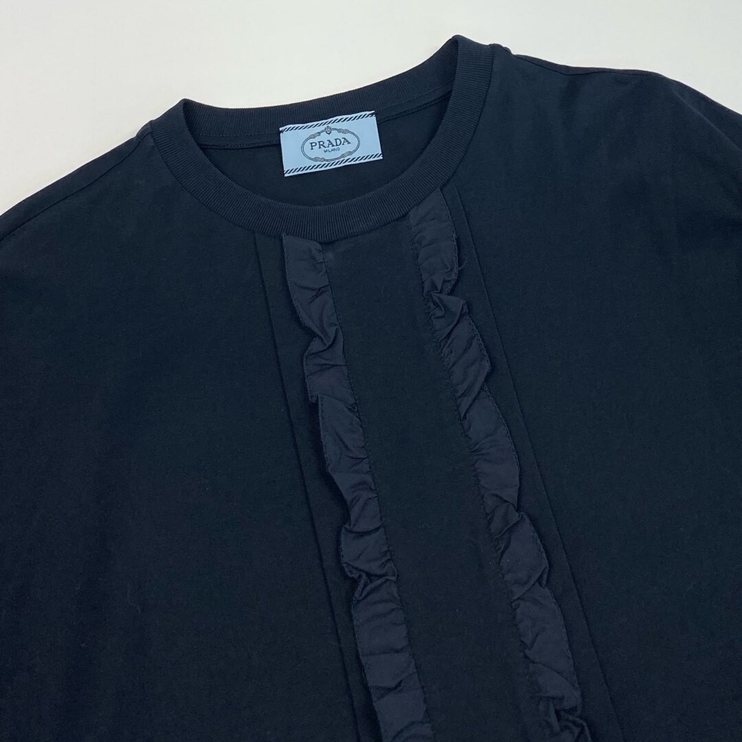 70B9 PRADA Ruffled Embellished Short Sleeve Tops L Navy Cotton Women Used AYAN-0 thumbnail 4