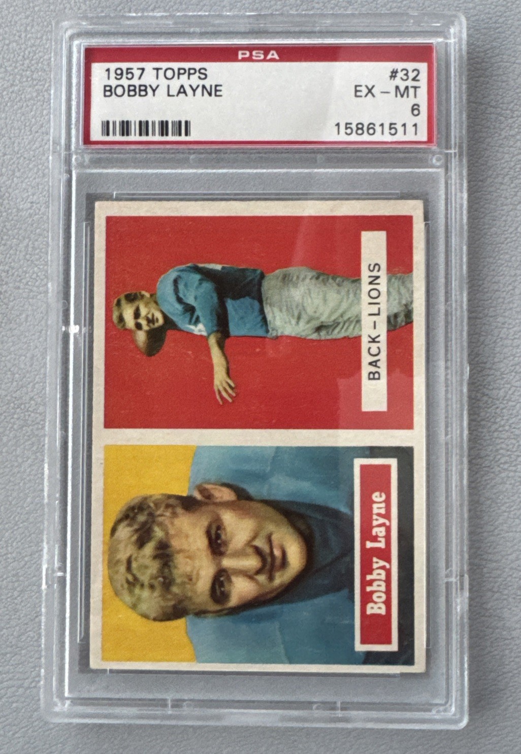 1957 Topps Bobby Layne #32 PSA 6 EX-MT HOF Detroit Lions Vintage Football view 1