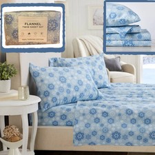 Heavyweight Flannel Sheet Set 100 Turkish Cotton Blue Snowflake Twin 3 pcs New
