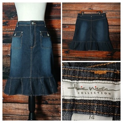 Jamie Nicole Jean Skirt Size 14 Pleated Flounce Flare Blue Denim Stretch Vintage