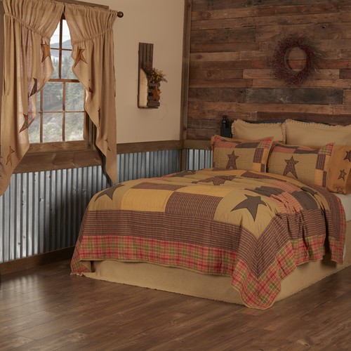 Stratton Primitive King Quilt Khaki Orange-Red Black Star 105x95" VHC Brands - Picture 2 of 5