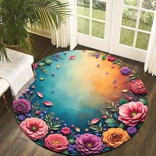 140cm 140cmVibrant Floral Art Round Mat - Lightweight, Non-Slip, Machine Washabl