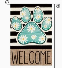 Garden Flag 12x18in Burlap Double-sided Welcome Paw Print Daisies