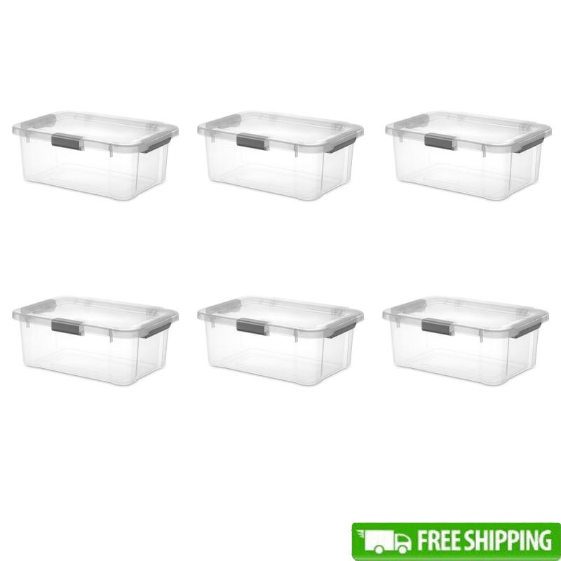20 Qt HingeLID Storage Box Clear Bin Latch Comfort Grip Handle Stackable 6 Count