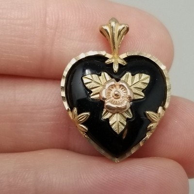 Vintage 9k Yellow and Rose Gold Black Onyx Heart Pendant Double Sided QVC