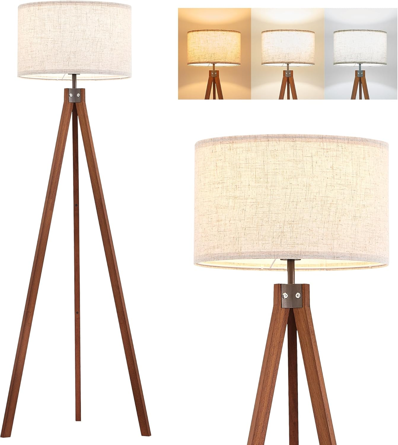 Solid Wood Tripod Floor Lamp with 3 Color Temperatures LED Bulb, Mid Century Mod