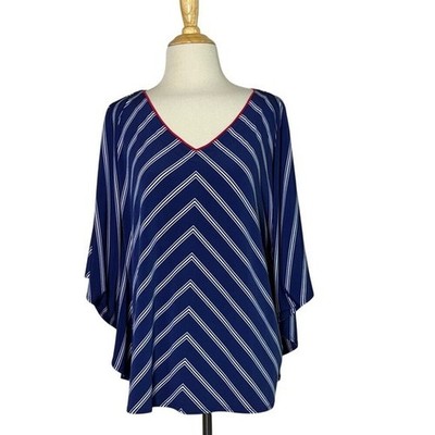 SUSAN GRAVER Medium Liquid Knit Red White Blue Kimono Sleeve Tunic Top QVC
