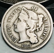 1867 Three Cent Nickel Piece 3C Ungraded Circulated Civil War US Coin CC29432