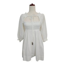 Free People Womens White 100% Cotton Mini Dress XS Smocked Cut Out Peasant