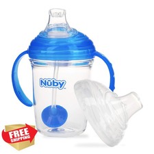 Nuby 8oz 360 Grip N' Sip Weighted Straw Cup, Blue, Hygienic Cover