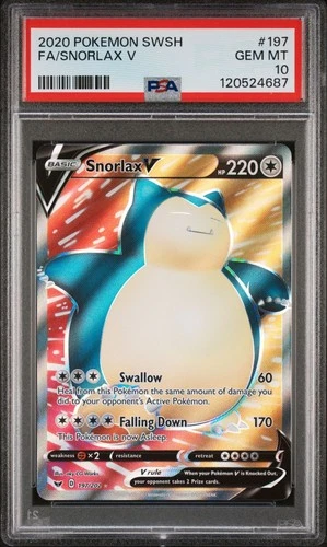 Pokémon PSA 10 GEM MINT Snorlax V 197/202 Sword & Shield Base Set Full Art