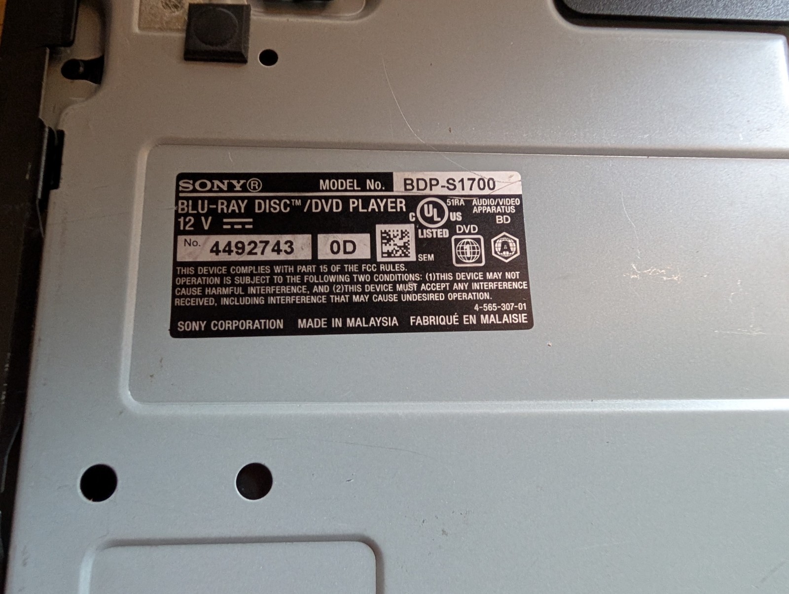 Sony BDP-S1700 Streaming Blu-ray + DVD Disc Player Working But NO Remote 