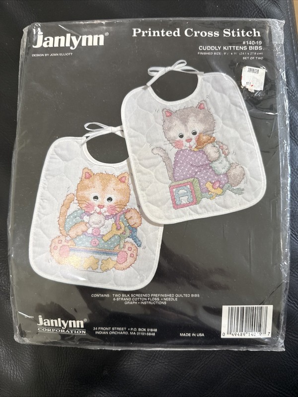 Janlynn Cuddly Kittens Bibs Printed Stamped Cross Stitch Kit #140-19 New Sealed