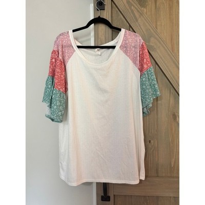 BiBi Women's Floral Color Block Bell Sleeve Top XL