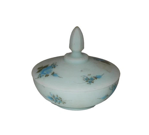 Fenton Satin Blue Custard candy dish W Lid Hand Painted Flowers Signed Kim L.