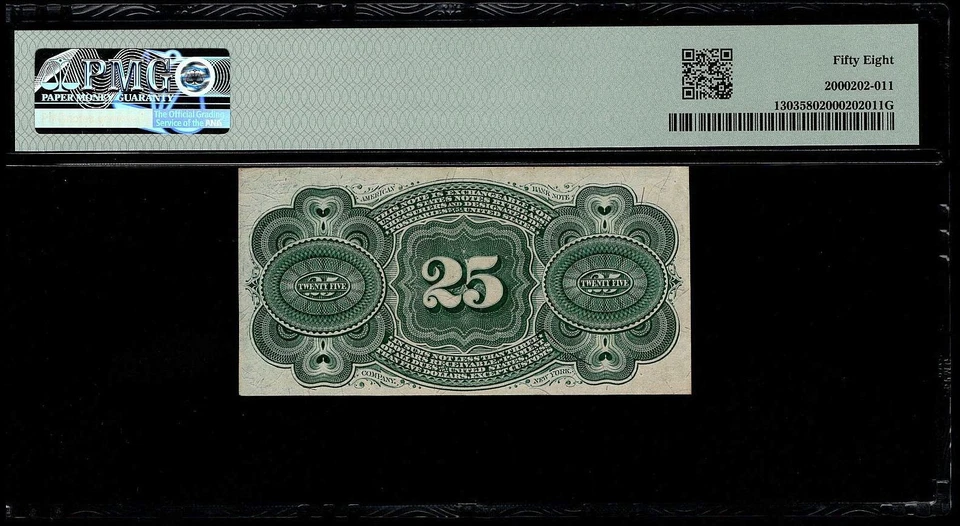 US 25c Fractional Currency 4th Issue Fr. 1303 Blue Right End 40mm Seal PMG 58 - Image 2 of 4
