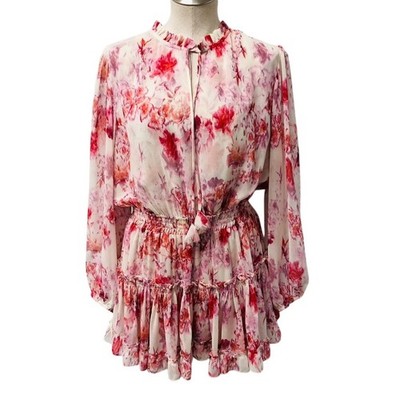 MISA Los Angeles Mini Dress Womens L Pink Floral Ruffle Smocked Long Sleeve Boho