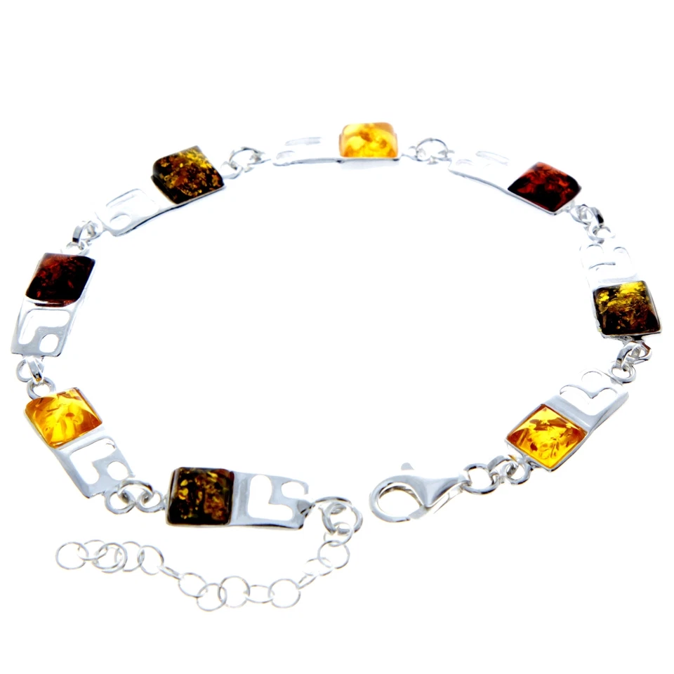925 Sterling Silver & Baltic Amber Square Stones Mix Bracelet 19 cm - 2087 - Image 3 of 4