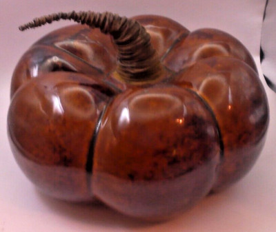 Large Ceramic Pumpkin, 9 1/2'' Wide by 4'' Tall,  Metel Wire Wrapped Stem