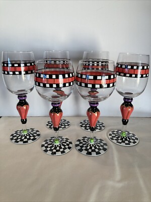 MACKENZIE CHILDS CHECKERED HAND PAINTED 4 WATER / TEA + 2 WINE GLASSES * XLNT!