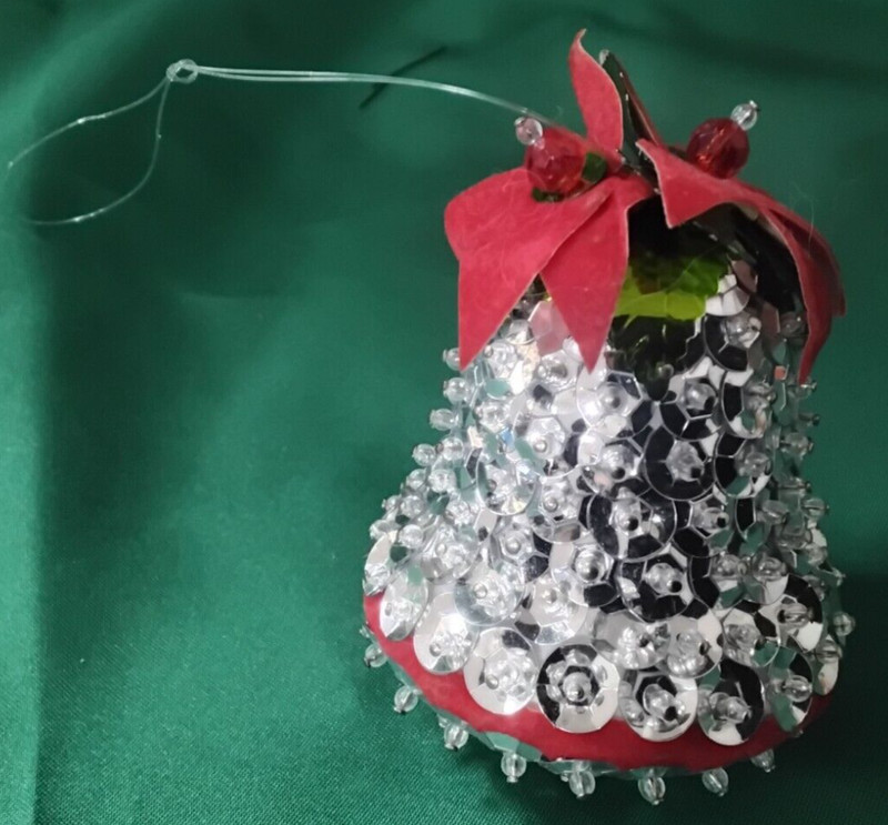 Vintage Hand Beaded/Sequined Push Pin Red/Silver Bell Christmas Tree Ornament