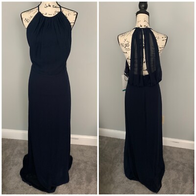 Bill Levkoff Halter Bridesmaids Long Dress Navy Blue Chiffon Size 16 Style  7032 | eBay