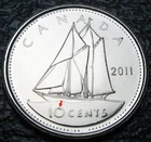 Canada 2011 10-cent Bluenose BU ( From a new roll ) Die Chip in " 0 " Error