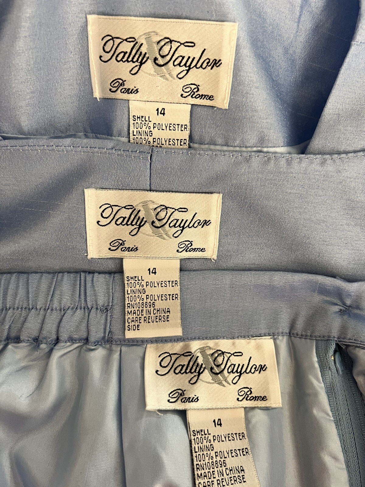 TALLY TAYLOR 3PC Slate Blue Polyester Collarless Cocktail Skirt Suit Top Size 14