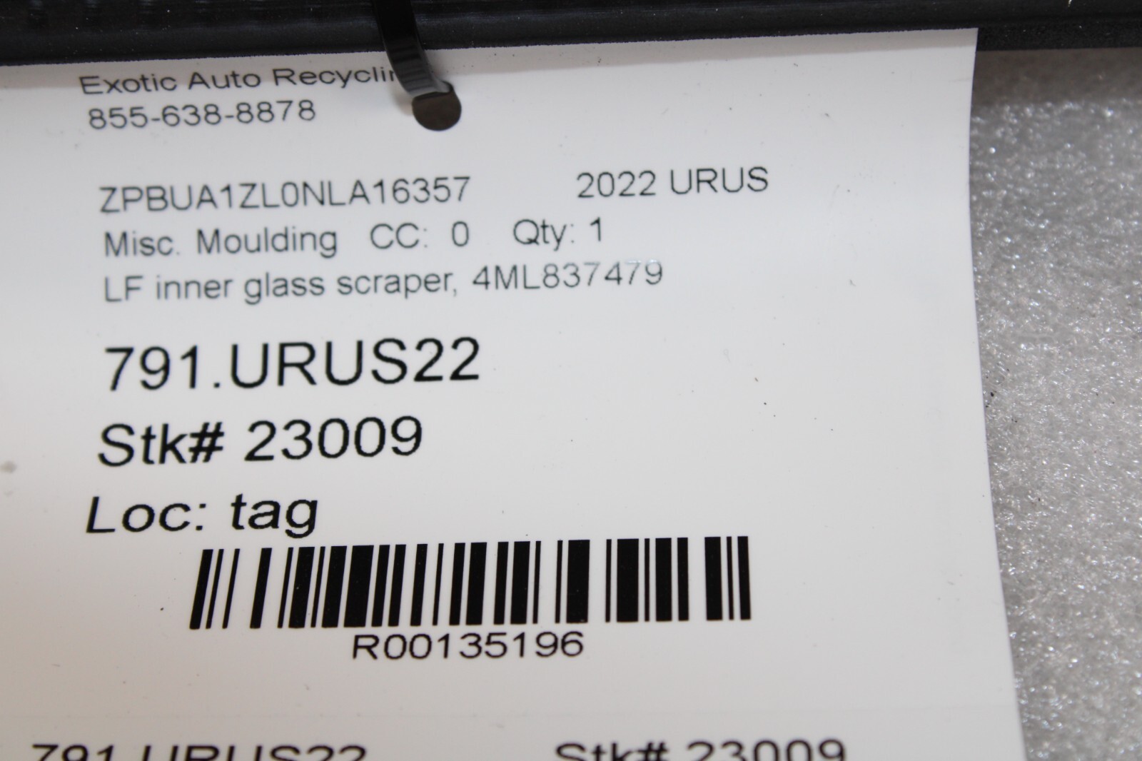 Lamborghini Urus, LH, Left, Inner Glass Scraper Molding, Used, P/N 4ML837479