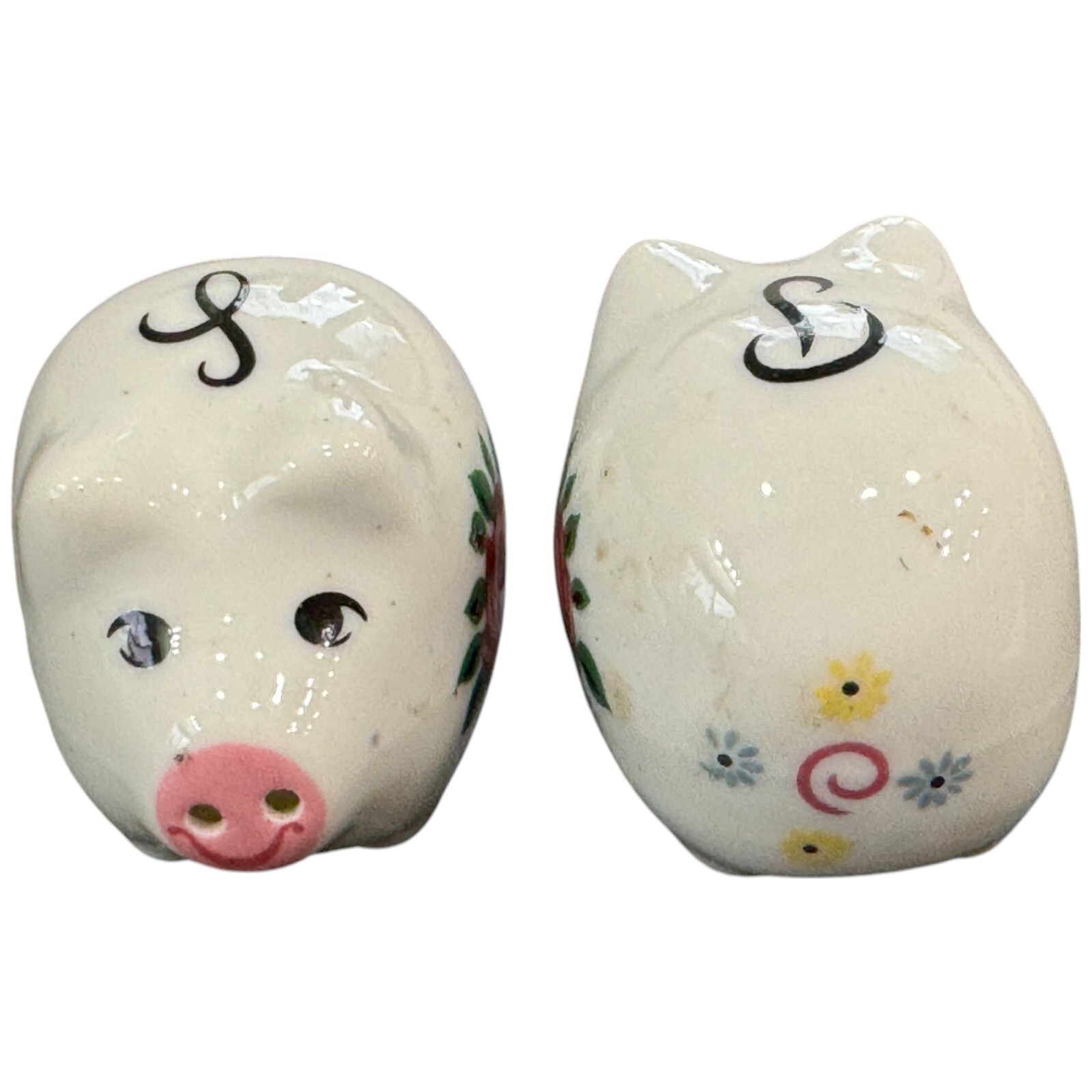 Vintage Floral Pigs Piglets Hogs Flowers Kissing Painted Salt and Pepper Shakers
