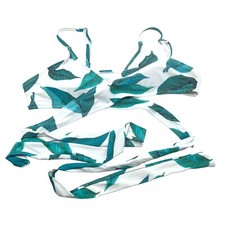 Womens Bikini Top Tie Wrap Removable Cups Floral Leaf Print White Green L
