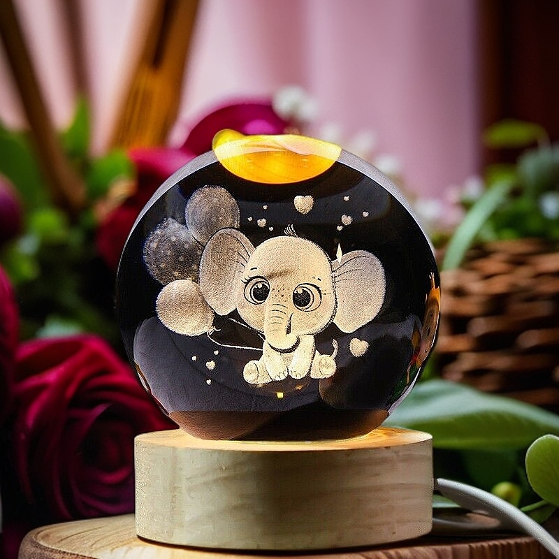 3D Elephant Crystal Ball Night Light with Wooden Base - Kids Gift Healing Decor