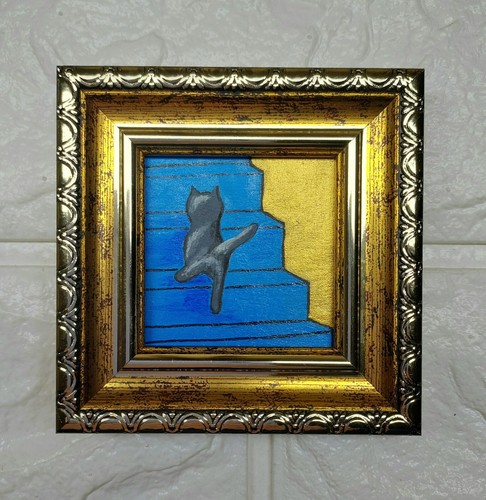Graue Katze Gemälde Gerahmt Original Kunst Lustiges Kätzchen Handarbeit Kunst Mini Gemälde - Bild 2 von 11