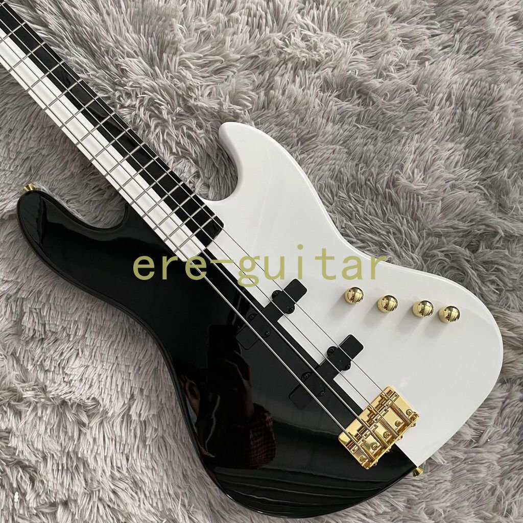 Custom 4 String Black&White Electric Bass Guitar Gold Hardware Fast