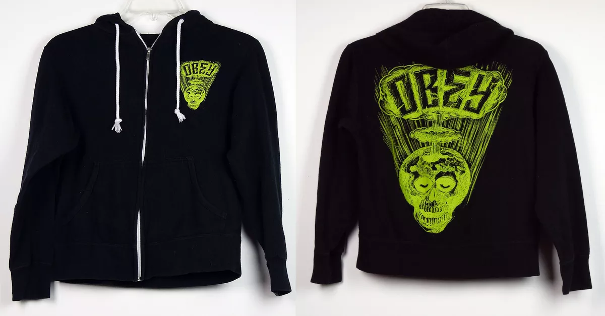 Obey Black Zip Front Hoodie Sweatshirt Jacket w Green Skull Youth S