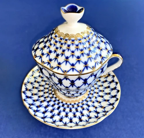 Lomonosov Imperial Covered Teacup & Saucer, ЛФЗ, Iconic "Cobalt Net", LFZ