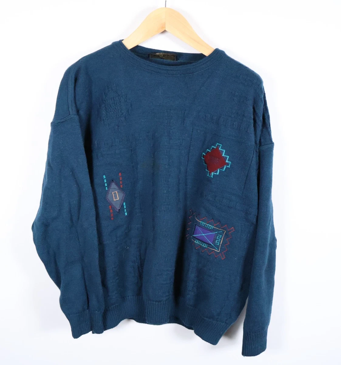 Club Tricot Wool Sweater Men's XL Blue Tribal Aztec Embroidered Ireland Made