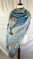 Blue Reversible Jacquard Scarf Handwoven Fringed Shawl Paisley Wrap 29 X 80