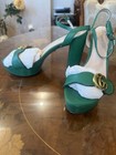 Gucci Marmont GG Gold Logo Green Leather Ankle Strap Block Heels Sandals 41 IT — photo 2