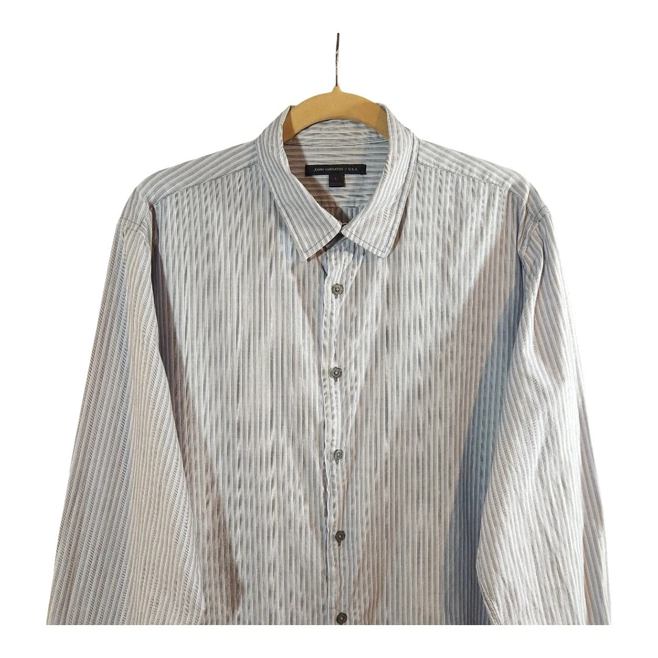 Camisa de trabajo John Varvatos Star EE. UU. manga larga a rayas con botones delanteros para hombre L Foto 2 de 4