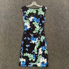 Lauren Ralph Lauren Dress Women's 4 Black Blue Floral Ruched Sheath Knee Length