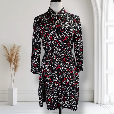 St John Sport Shirt Dress M Black Red Abstract Belted Roll Tab