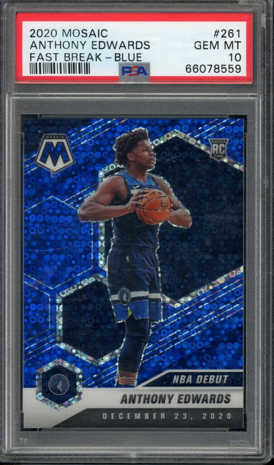 2020-21 Panini Mosaic Anthony Edwards Fast Break Blue /85 Rookie RC #261 PSA 10