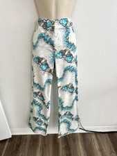 VTG Escada Pants 90s Y2K White Chain Koi Fish Print Artsy Sz 42 Lg Bootcut Flare