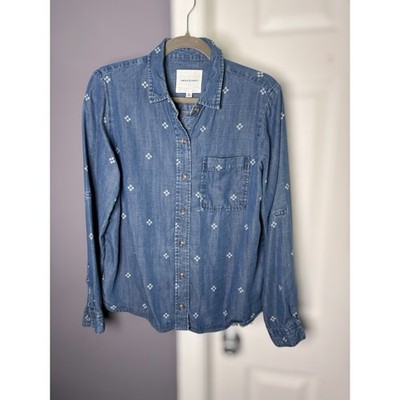 Thread & Supply Denim Button Down White Print Top Sz Medium