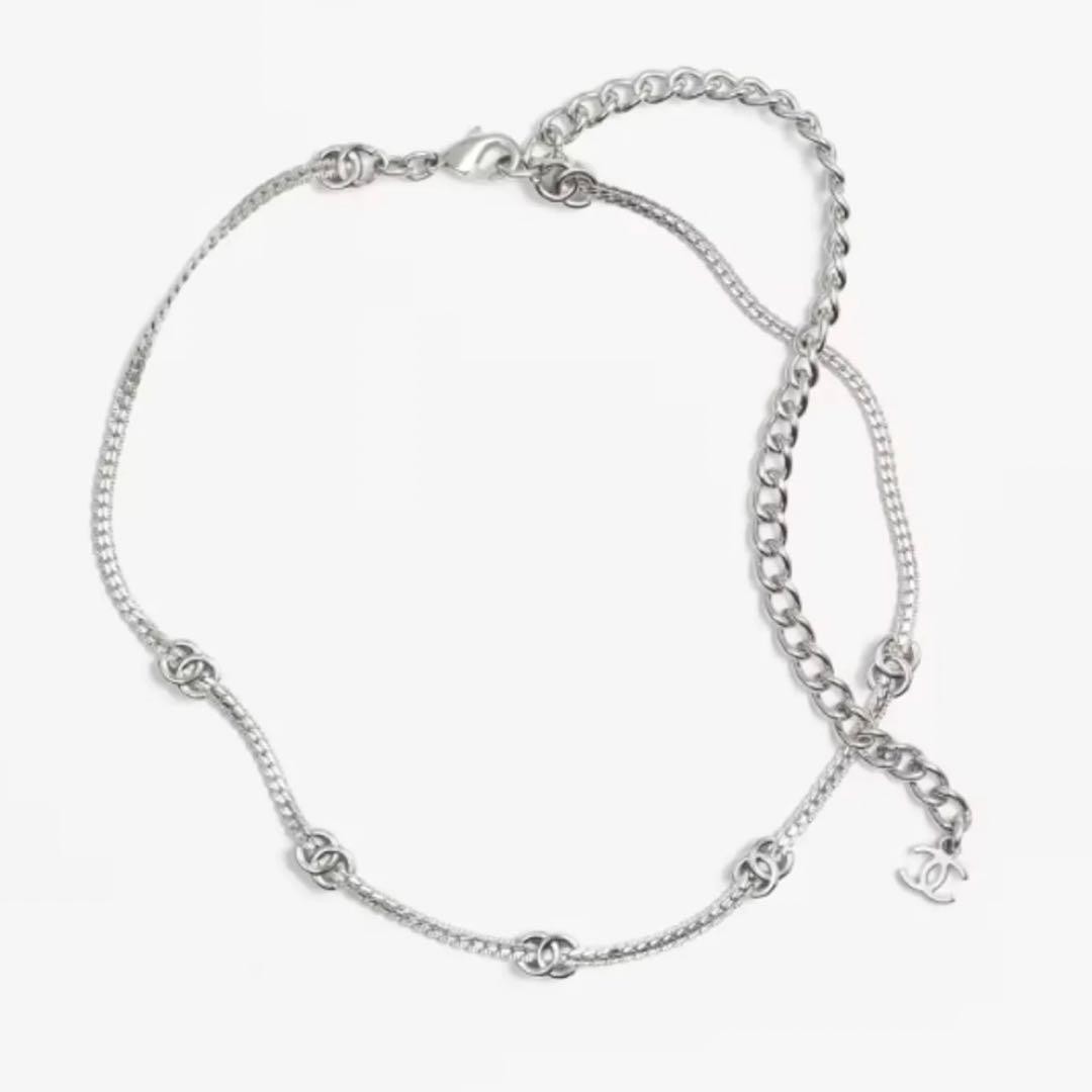 *NEW CHANEL CC Logo Choker Necklace Silver Chain Adjustable Auth Paris