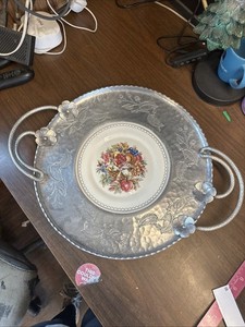 Vintage Aluminum Hand Wrought Faberware Serving Tray With Ceramic Plate Center