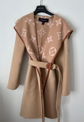 AUTHENTIC: Louis Vuitton Monogram Hooded Wrap Coat Beige Wool Double Face, Sz 34